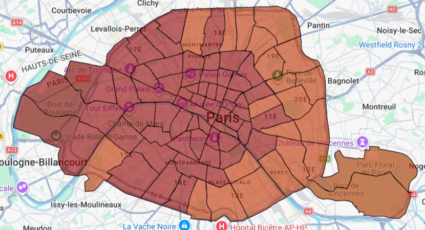 Cartes des niveaux de loyers de marché hors charges, au début 2026, par quartier parisien et selon le nombre de pièces